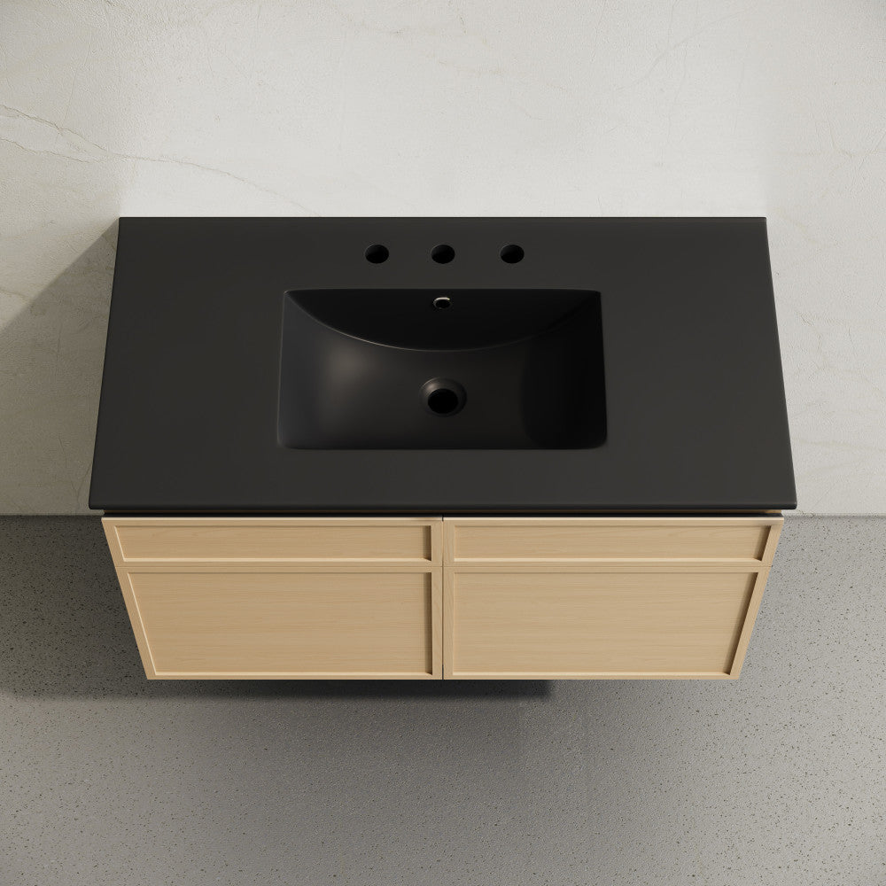 St. Tropez 36" Wall-Mounted Bathroom Vanity in Natural Oak with Black 3-Hole Widespread Sink Top