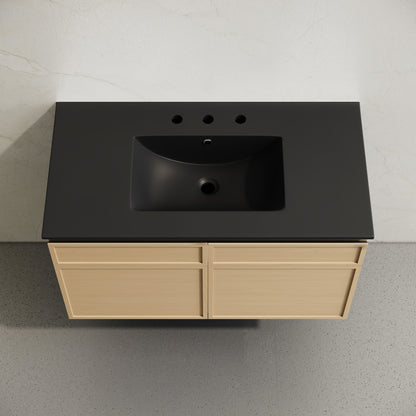 St. Tropez 36" Wall-Mounted Bathroom Vanity in Natural Oak with Black 3-Hole Widespread Sink Top
