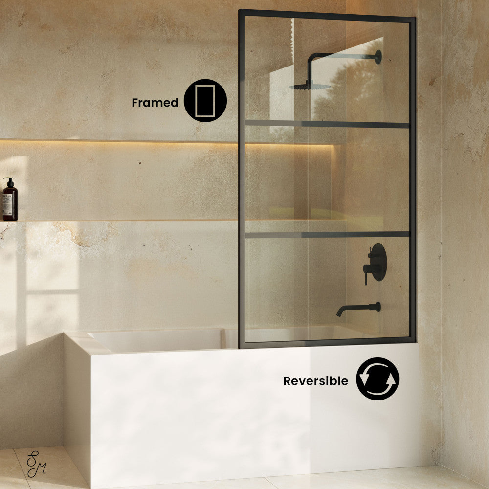 Claire 34 x 58 Framed Fixed 3/8 in. (10mm) Clear Tempered Glass Tub Door with Black Matte Frame