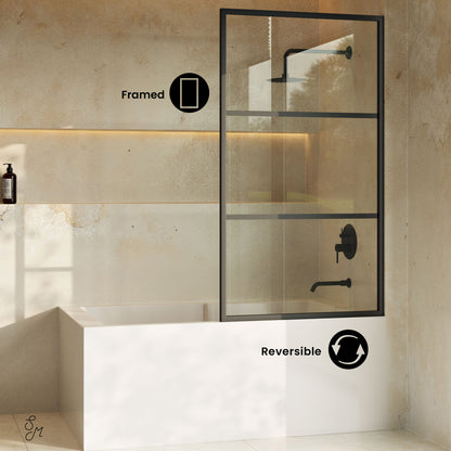 Claire 34 x 58 Framed Fixed 3/8 in. (10mm) Clear Tempered Glass Tub Door with Black Matte Frame