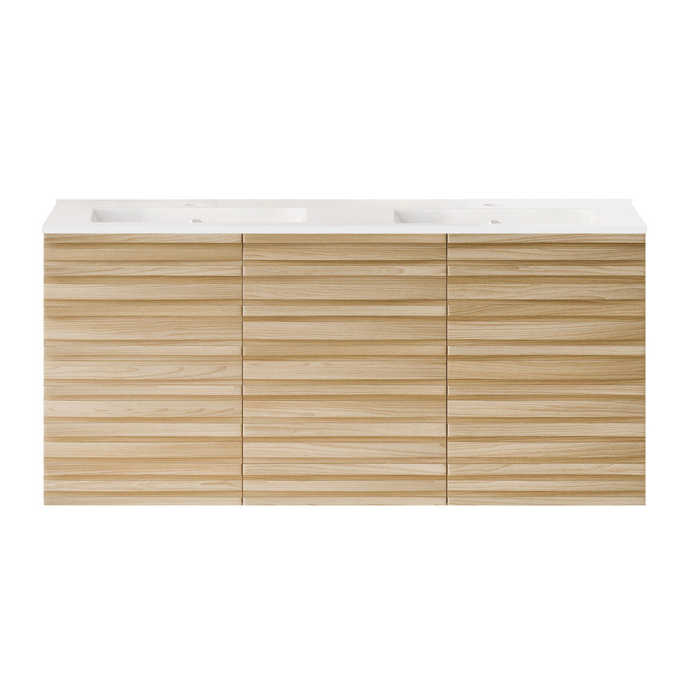 Cascade 48" Wall-Mounted Bathroom Vanity in Natural Oak with Double Basin Sink Top