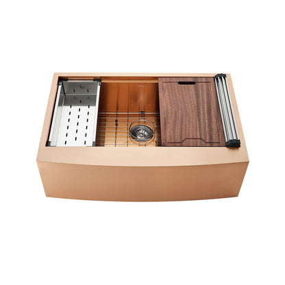 33 x 22-inch rose gold farmhouse kitchen sink with single basin, apron front, and wooden cutting board.