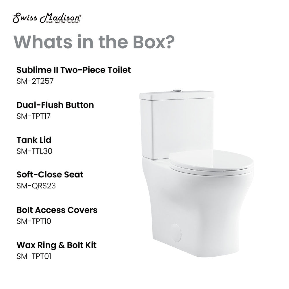 Round two-piece toilet, dual-flush, soft-close seat, compact design, white ceramic.