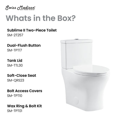 Round two-piece toilet, dual-flush, soft-close seat, compact design, white ceramic.