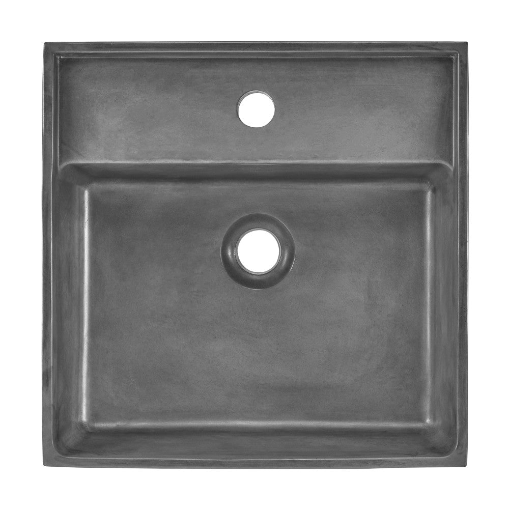 16" square concrete bathroom sink in dark grey with center drain hole.