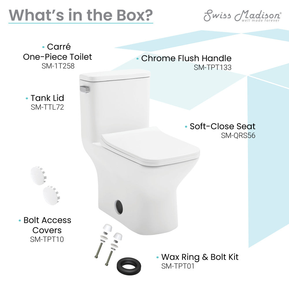 Elongated one-piece square toilet with left side chrome flush handle and soft-close seat.