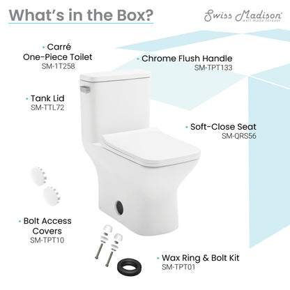 Elongated one-piece square toilet with left side chrome flush handle and soft-close seat.