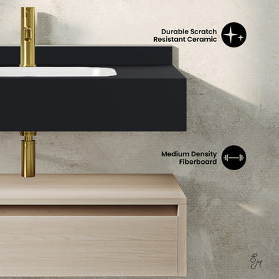 Avancer 36" Wall-Mounted Bathroom Vanity in White Oak with Black Marble Sink Top