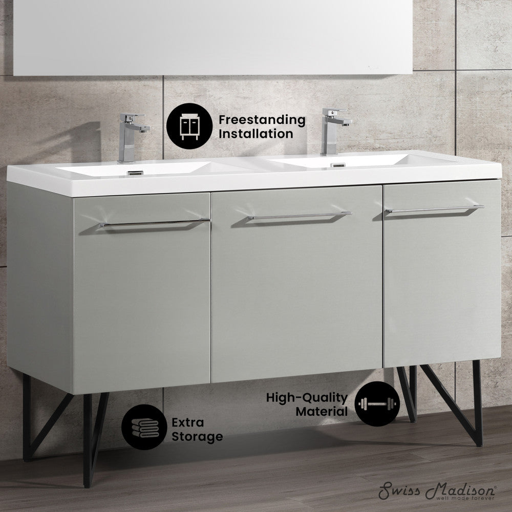 60-inch freestanding gray bathroom vanity with single sink and soft-close doors.