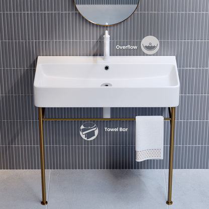 Carre 36 Ceramic Console Sink White Basin Brushed Gold Legs