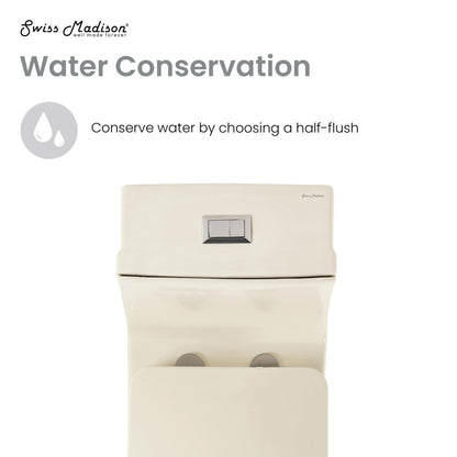 Elongated one-piece toilet in bisque with dual flush, compact design, and rectangular push-button flush panel.