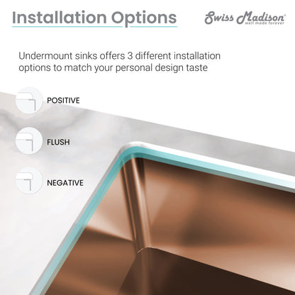 26 x 18 rose gold stainless steel undermount kitchen sink, single basin, square corners, brushed finish.