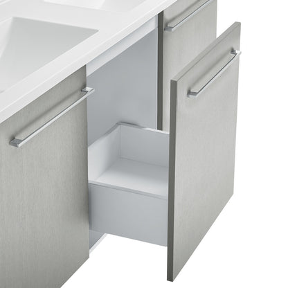 60-inch freestanding gray bathroom vanity with single sink, soft-close doors, and modern metal handles.
