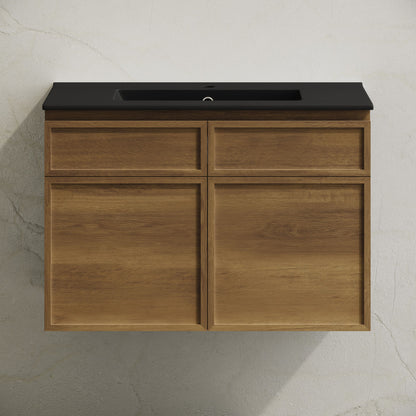St. Tropez 30" Wall-Mounted Bathroom Vanity in Brown Oak with Black Sink Top