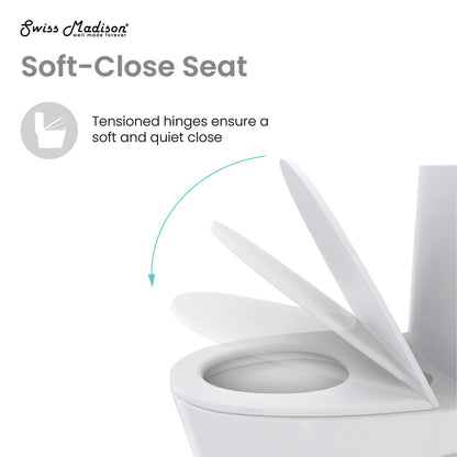 Elongated one-piece toilet with dual flush and soft-close seat, white ceramic design.