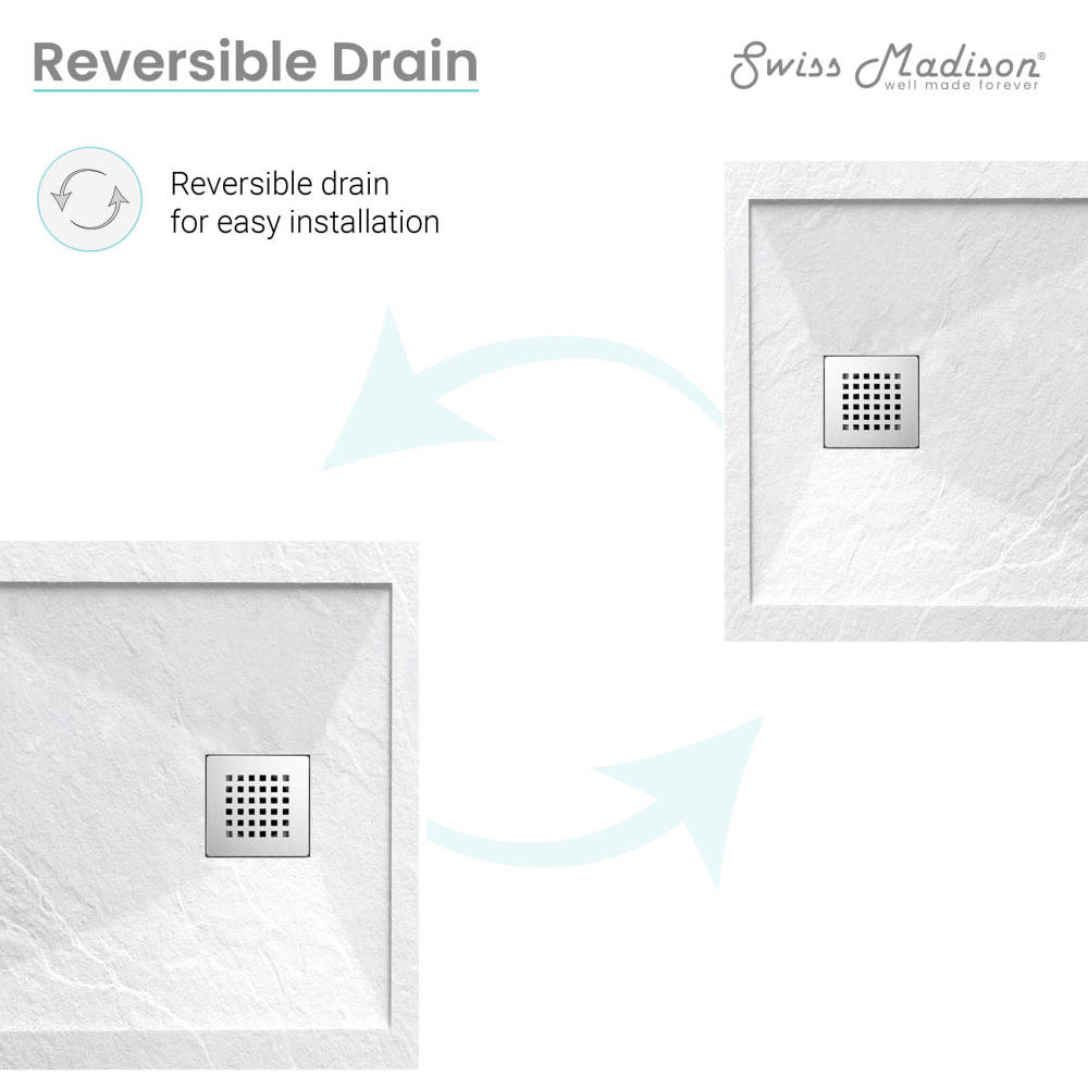 36-inch square shower base in white with reversible drain and textured surface for slip resistance.