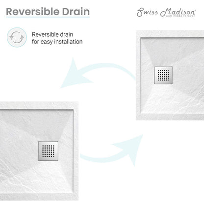 36-inch square shower base in white with reversible drain and textured surface for slip resistance.