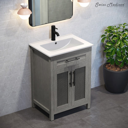 24-inch freestanding bathroom vanity in carbon gray, single sink, soft-close doors.
