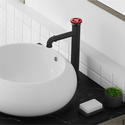 Single-handle high arc bathroom faucet in matte black with red wheel handle.