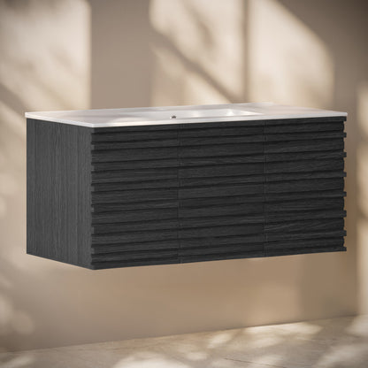 Cascade 48" Wall-Mounted Bathroom Vanity in Black Oak with Sink Top