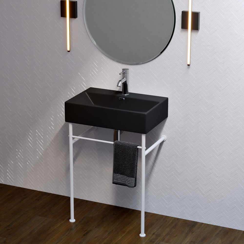 Compact ceramic console sink with matte black basin and matte white legs, single faucet hole.