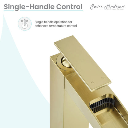 Single-handle high arc waterfall bathroom faucet in brushed gold, sleek modern design.