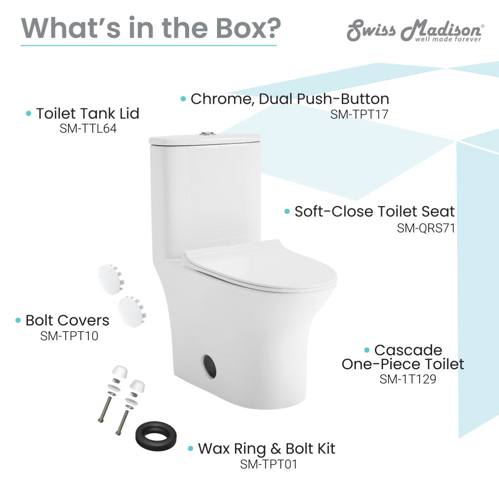 Elongated one-piece toilet with chrome dual push-button and soft-close toilet seat.