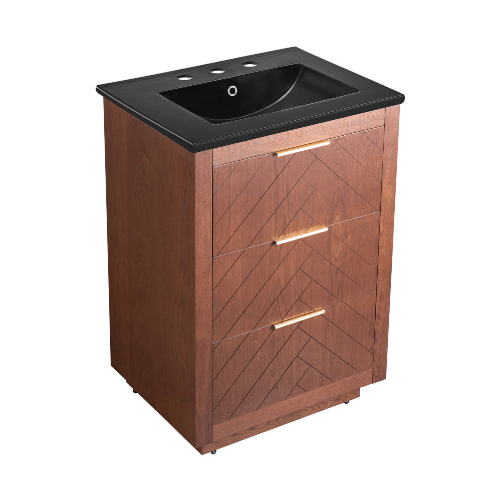 Daxton 24" Freestanding Bathroom Vanity in Brown Oak with Black 3-Hole Centerset Sink Top
