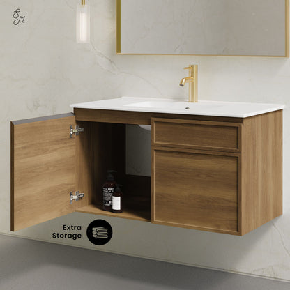 St. Tropez 36" Wall-Mounted Bathroom Vanity in Brown Oak with Sink Top