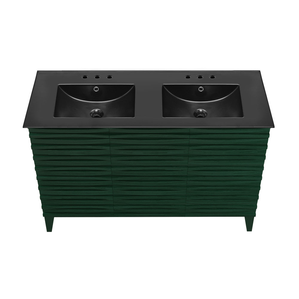 Cascade 48" Freestanding Bathroom Vanity in Green Oak with Black 3-Hole Widespread Double Basin Sink Top