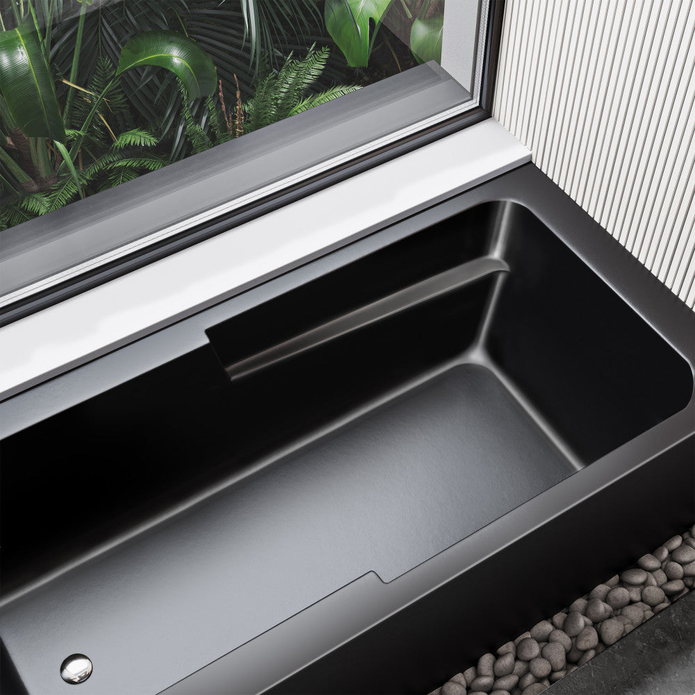 Alcove apron front bathtub 60 inch, left-hand drain, matte black finish.