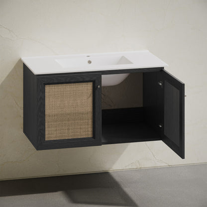 Classe 36" Wall-Mounted Bathroom Vanity in Black Oak with Single Faucet Hole Vanity Top