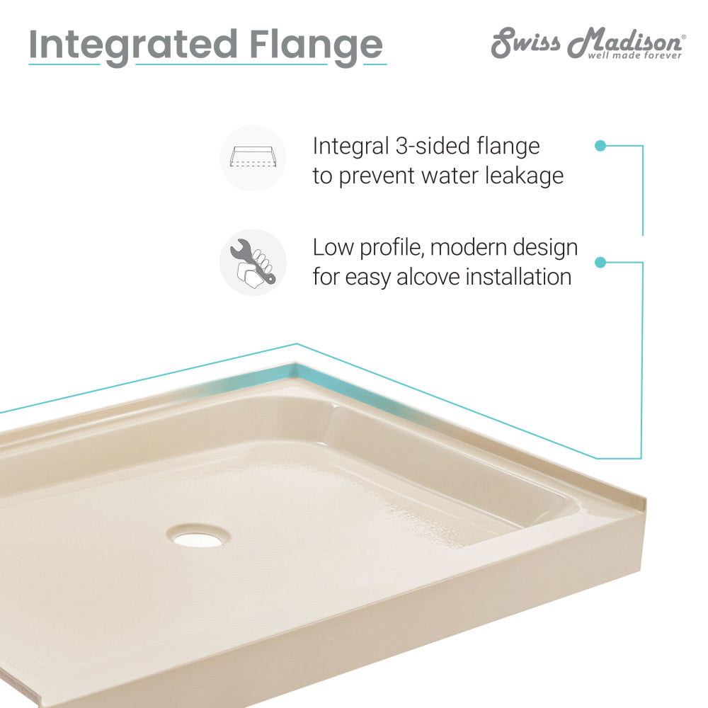 Voltaire 60" x 32" single-threshold shower base in biscuit with right-hand drain and integrated flange design.