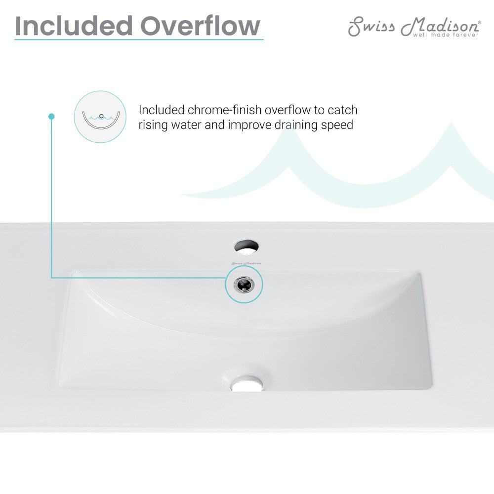 48-inch freestanding bathroom vanity, single sink, two doors, three drawers, chrome-finish overflow.