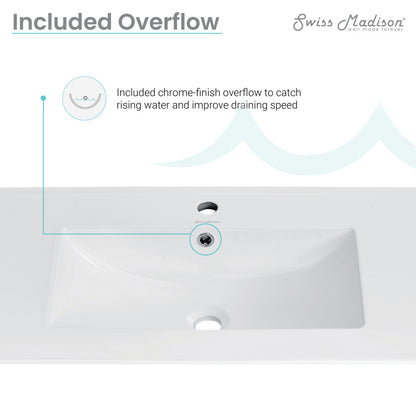 48-inch freestanding bathroom vanity, single sink, two doors, three drawers, chrome-finish overflow.