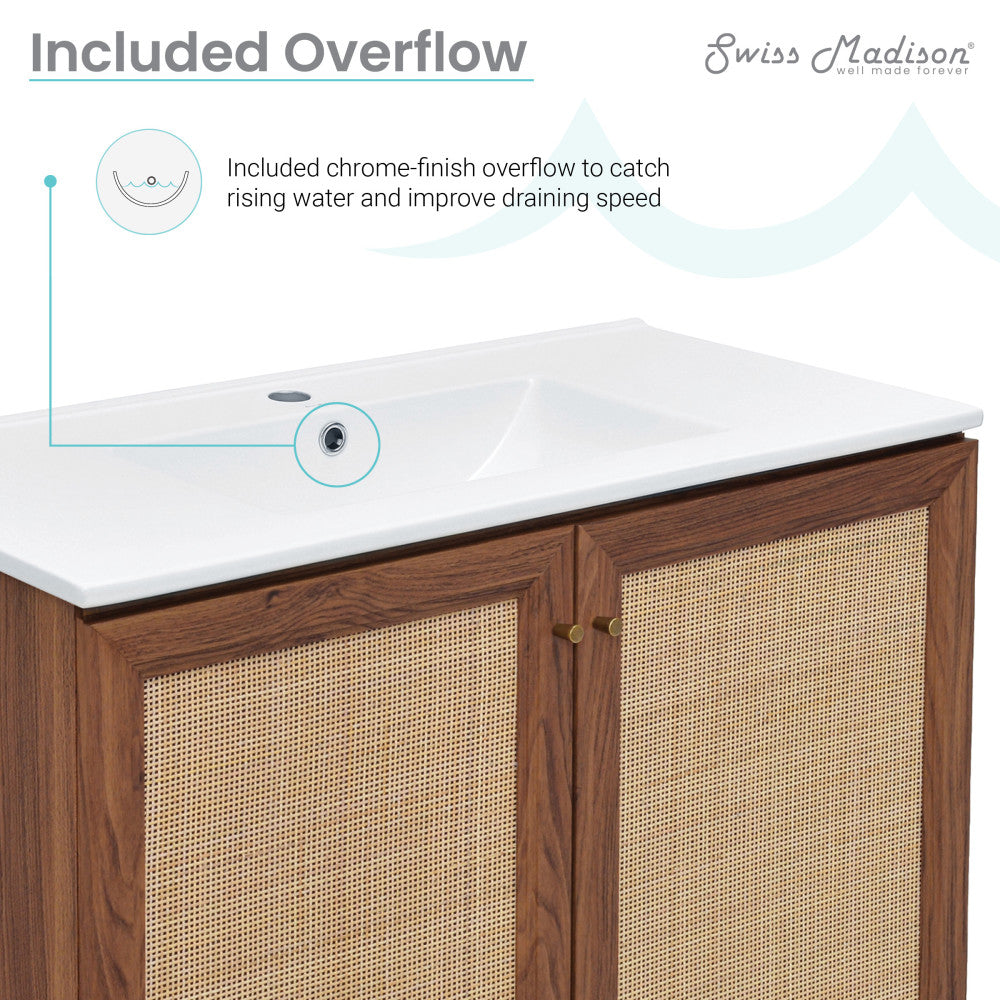 36-inch freestanding bathroom vanity in brown oak with single sink and chrome overflow.