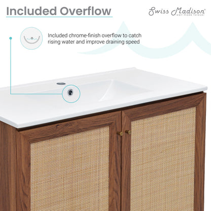 36-inch freestanding bathroom vanity in brown oak with single sink and chrome overflow.