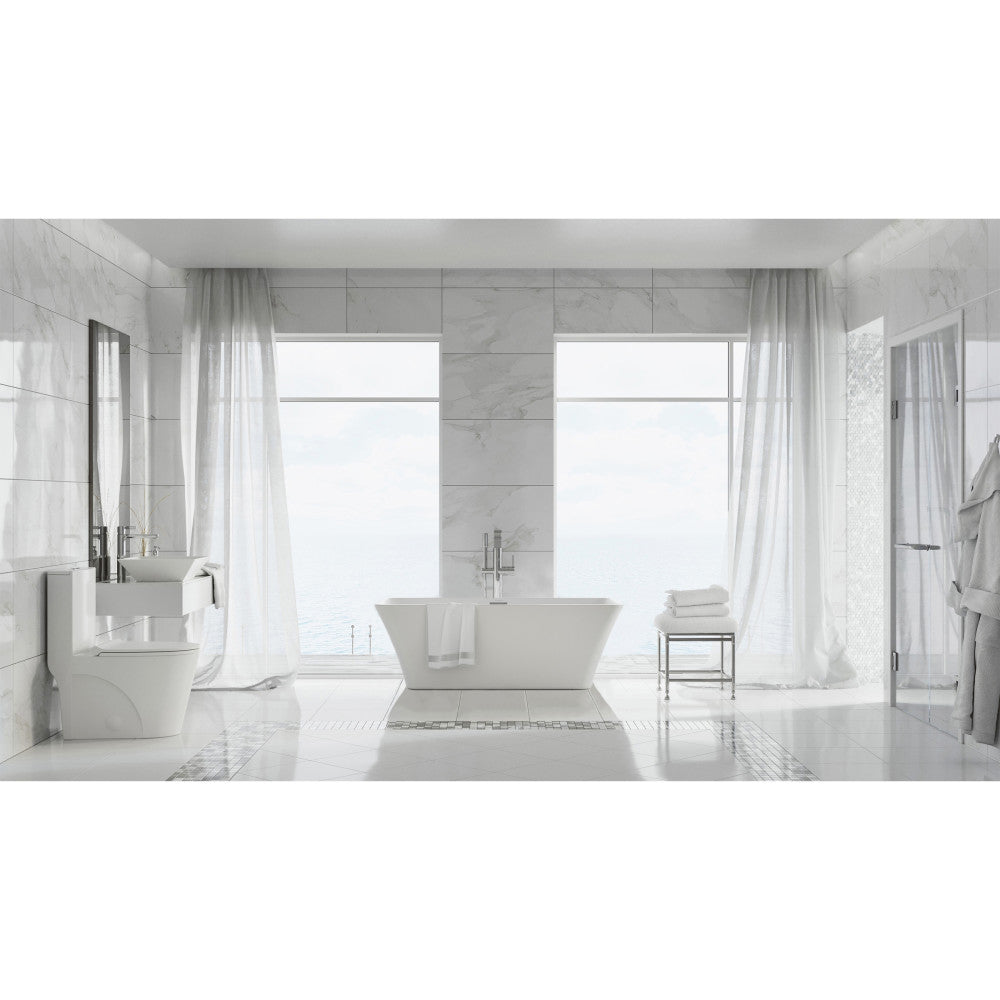 Freestanding soaking bathtub 60 inch, white acrylic, elegant modern design with smooth curves.
