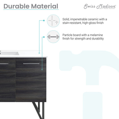 48-inch freestanding bathroom vanity in black walnut, single sink, soft-close doors.