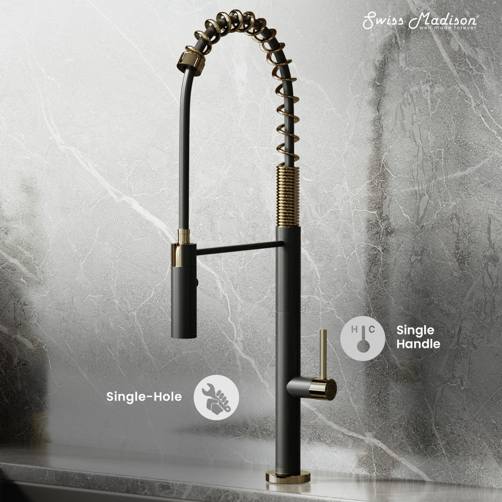 Chalet Single Handle, Pull-Down Kitchen Faucet in Brushed Gold and Black