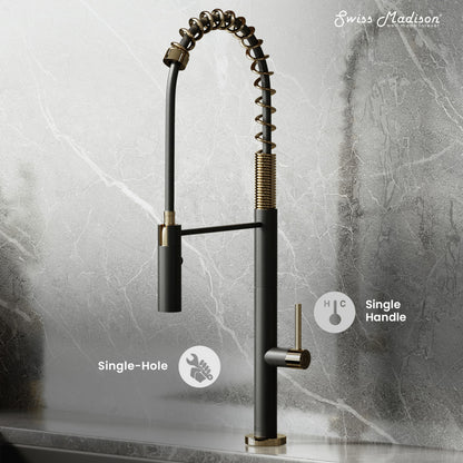 Chalet Single Handle, Pull-Down Kitchen Faucet in Brushed Gold and Black