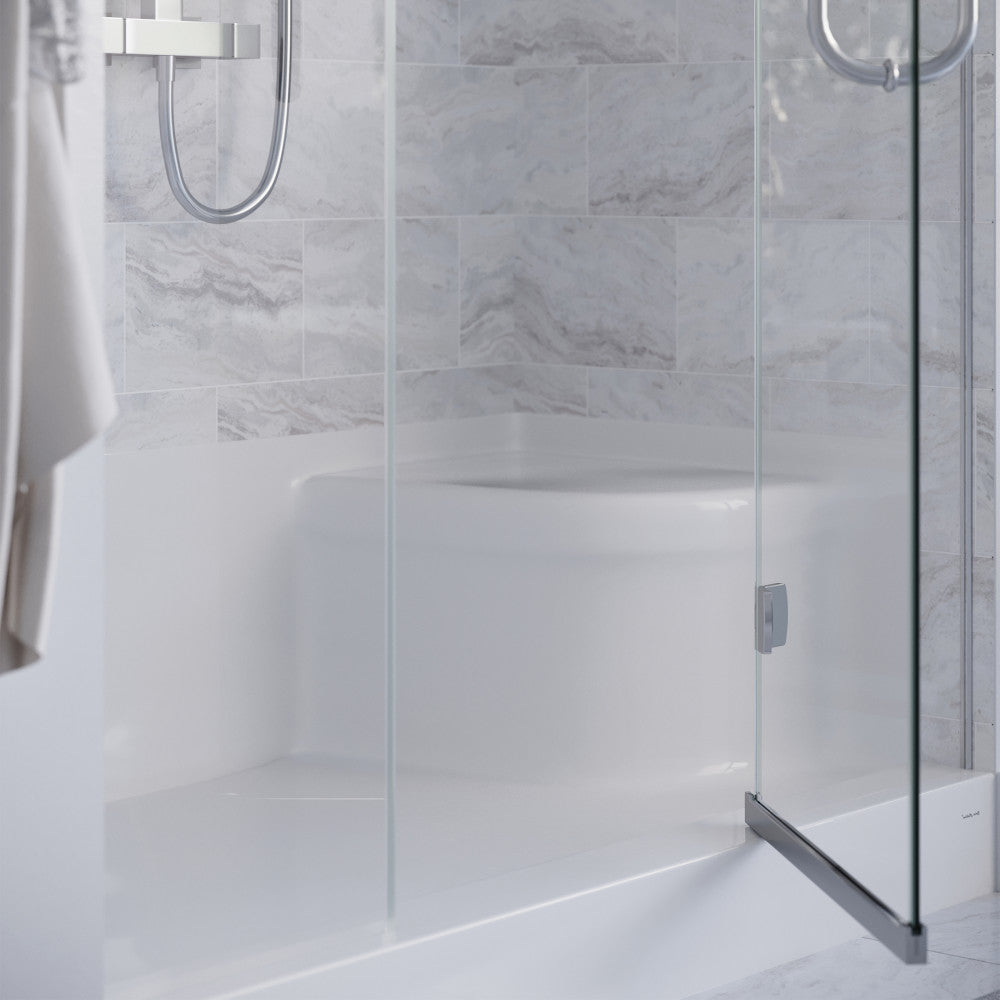 60-inch white single threshold shower base with left hand drain and integral right hand seat.