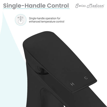 Single-handle bathroom faucet in matte black, single hole, modern angular design with H and C temperature indicators.