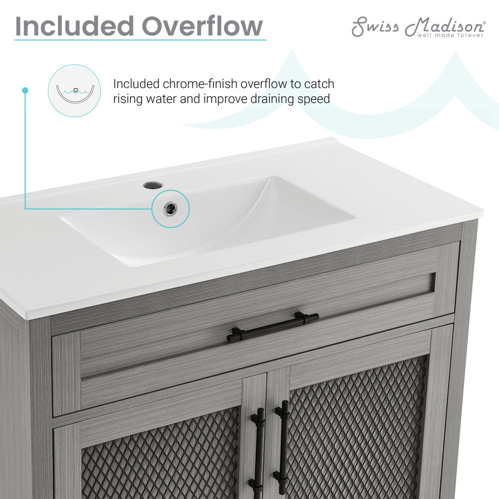 36-inch freestanding bathroom vanity in carbon gray with dual cabinet doors and white sink top.