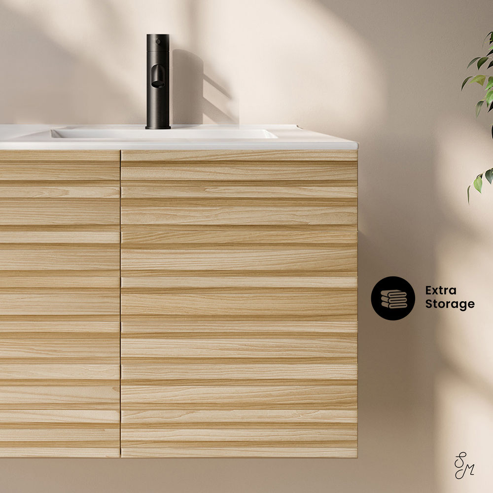 Cascade 48" Wall-Mounted Bathroom Vanity in Natural Oak with Double Basin Sink Top