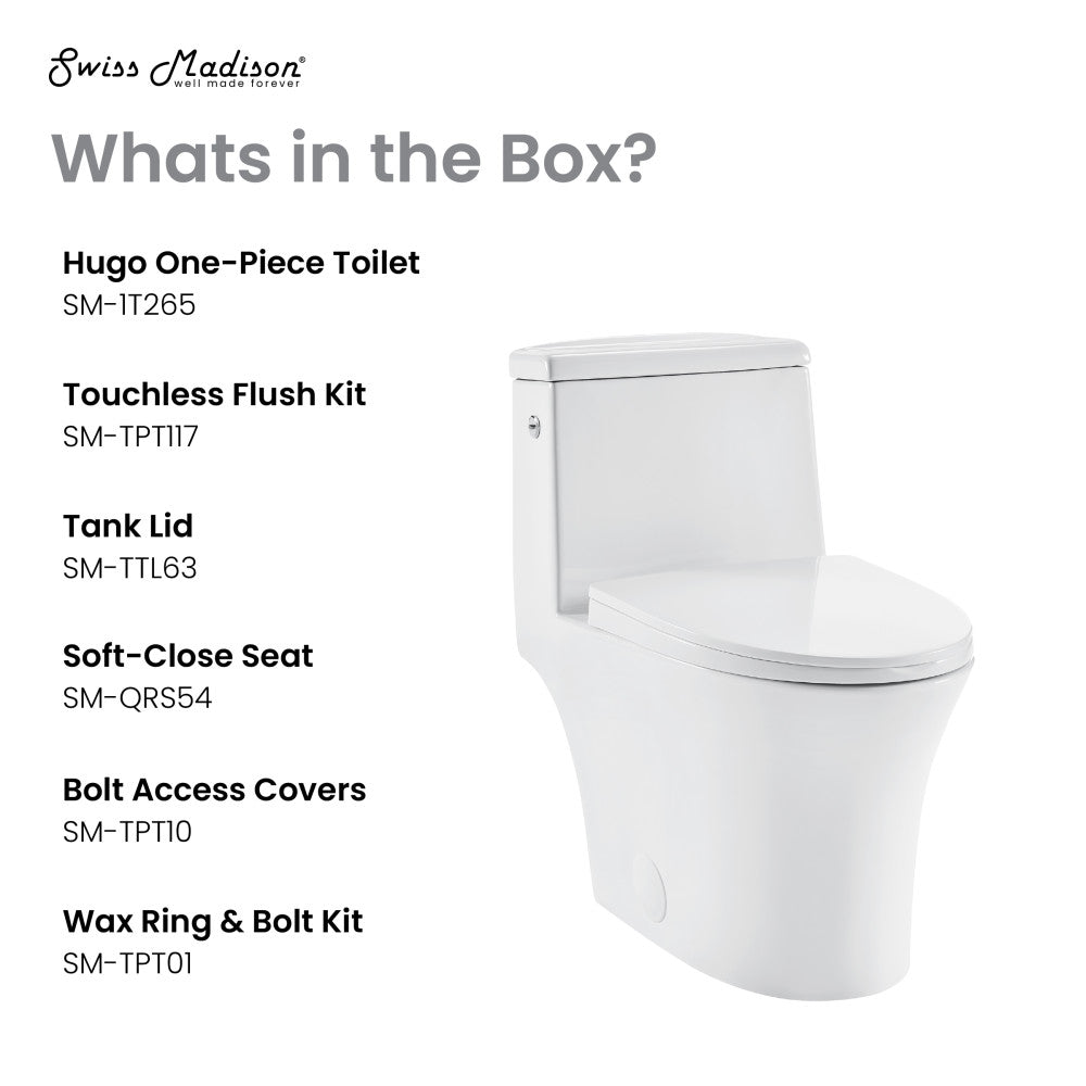 Elongated one-piece toilet with dual-flush and touchless flush technology, white porcelain finish.