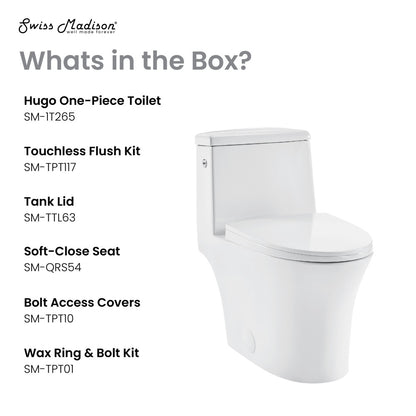 Elongated one-piece toilet with dual-flush and touchless flush technology, white porcelain finish.