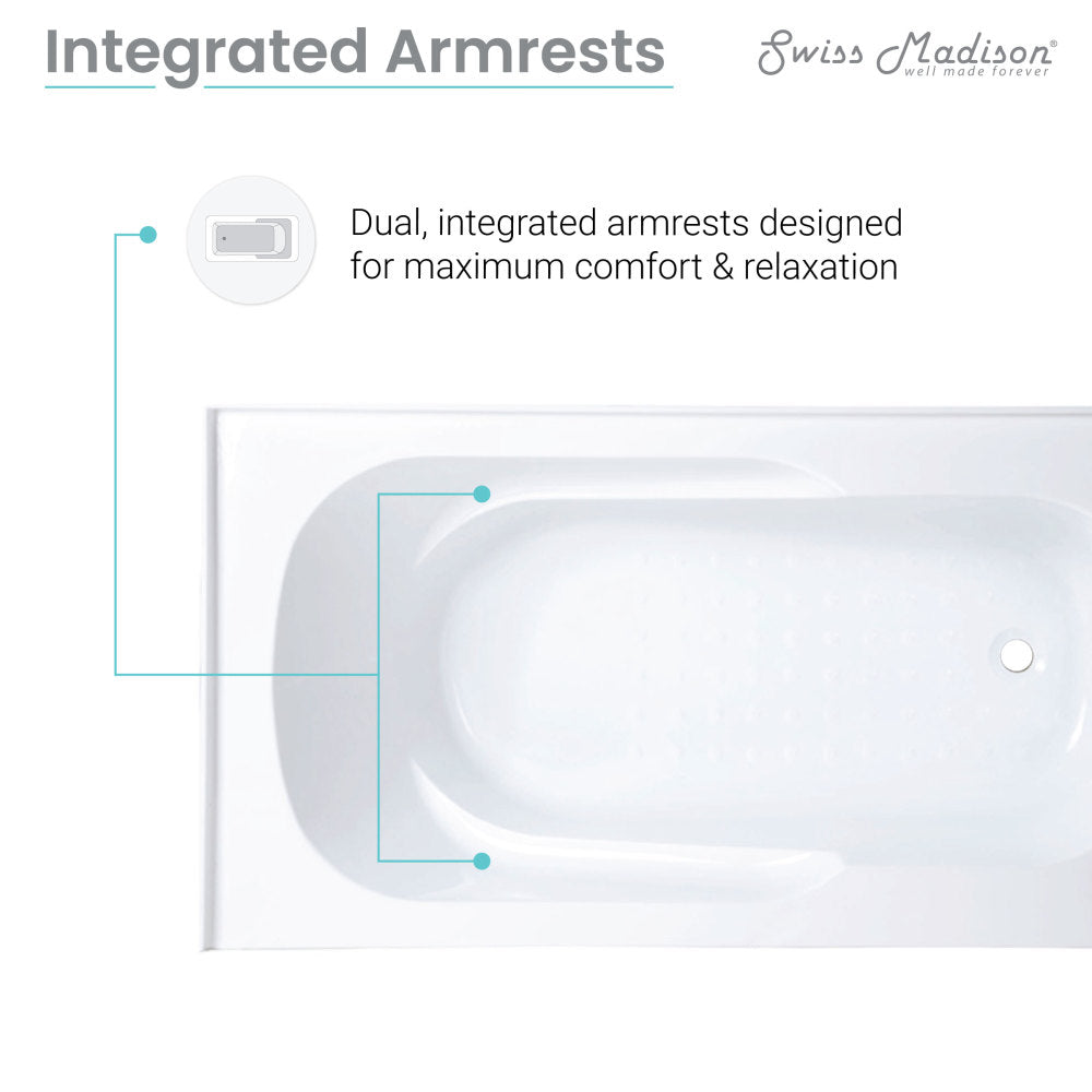 Right-hand drain alcove bathtub 60x30 inch with apron front and dual integrated armrests.