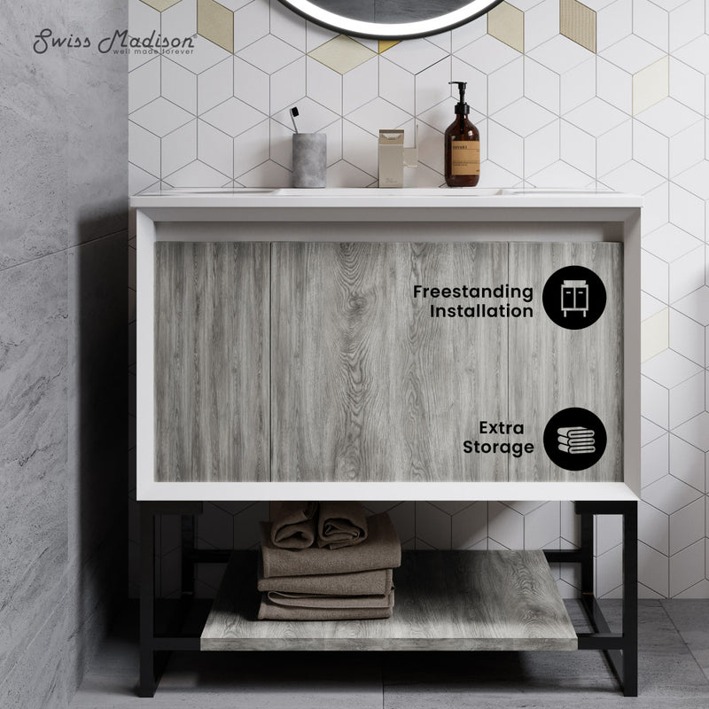 Marseille 36" Freestanding Bathroom Vanity in Gray Oak with Sink Top