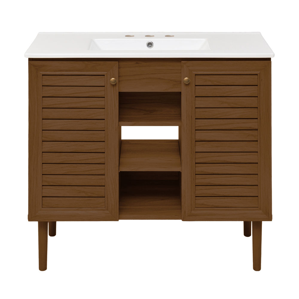 Bron 36" Freestanding Bathroom Vanity in Brown Oak with 3-Hole Widespread Sink Top
